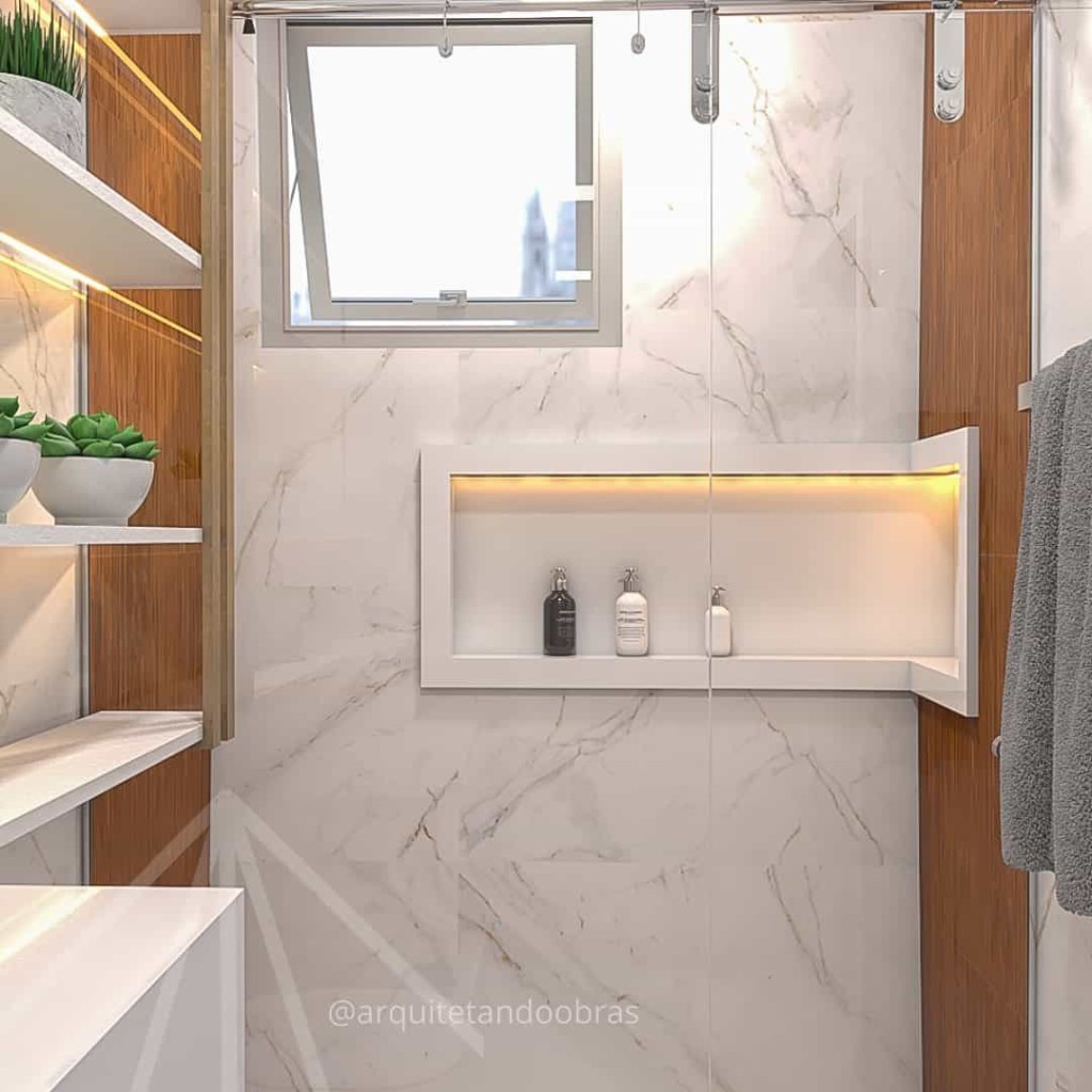 nicho de marmore para banheiro 7 Nicho de mármore para banheiro: vantagens, como instalar +10 ideias inspiradoras.