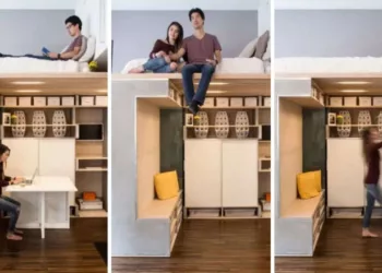 Quitinete de 46m² com móveis inteligentes: criatividade e funcionalidade em dois níveis
