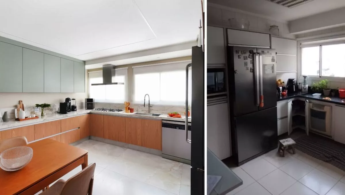 Antes e Depois da cozinha, que teve o layout atualizado e ganhou novas marcenaria e iluminação,  sempre valorizando a história dos moradores | Projeto: Cristiane Schiavoni | Fotos: Sidney Doll