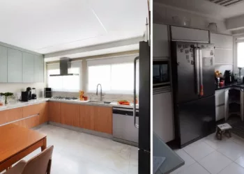 Antes e Depois da cozinha, que teve o layout atualizado e ganhou novas marcenaria e iluminação,  sempre valorizando a história dos moradores | Projeto: Cristiane Schiavoni | Fotos: Sidney Doll