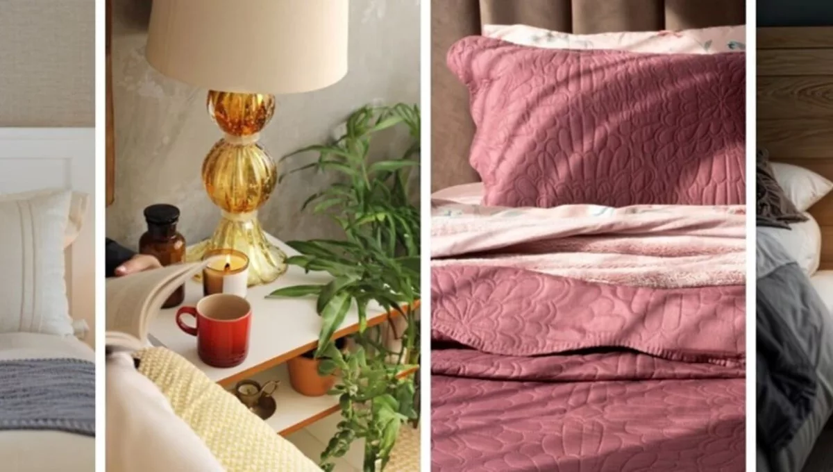 Almofadas e peseiras da Decortrico, base de abajur da Cristais Tavares, Colcha da Camesa e Moringa de água da Ruvolo para equipar o quarto / Divulgação ABUP