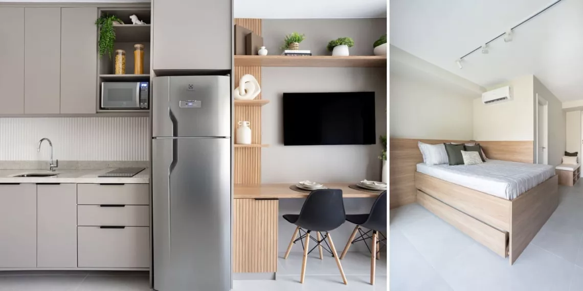 Neste studio de 27m² projetado pela ResiliArt Arquitetura, a marcenaria sob medida contempla cozinha e bancada multifuncional, transformando uma área compacta em uma moradia prática e acolhedora, além da cama de casal bicama que otimiza os espaços e do banco com chapelaria na entrada que recebe os moradores  | Foto: Kelly Queiroz