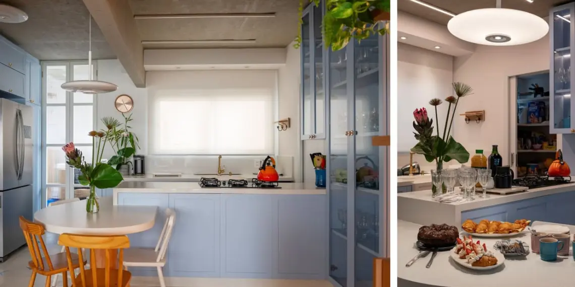 A cozinha, o coração do lar, ganhou marcenaria em tons de azul, mesa de formas orgânicas, pendente da Yamamura Collection e um contexto perfeito para um café acompanhado de prosa / Projeto de Dira Valli Arquitetura e fotos de Emerson Rodrigues