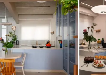 A cozinha, o coração do lar, ganhou marcenaria em tons de azul, mesa de formas orgânicas, pendente da Yamamura Collection e um contexto perfeito para um café acompanhado de prosa / Projeto de Dira Valli Arquitetura e fotos de Emerson Rodrigues