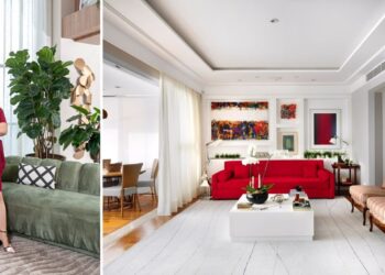 Do mobiliário aos itens de decoração, a arquiteta Cristiane Schiavoni personifica elementos da arquitetura de interiores com a vivacidade do vermelho. Nesse living, a cor realça o sofá e telas expostas no ambiente | Fotos: Carlos Piratininga e Rafael Renzo