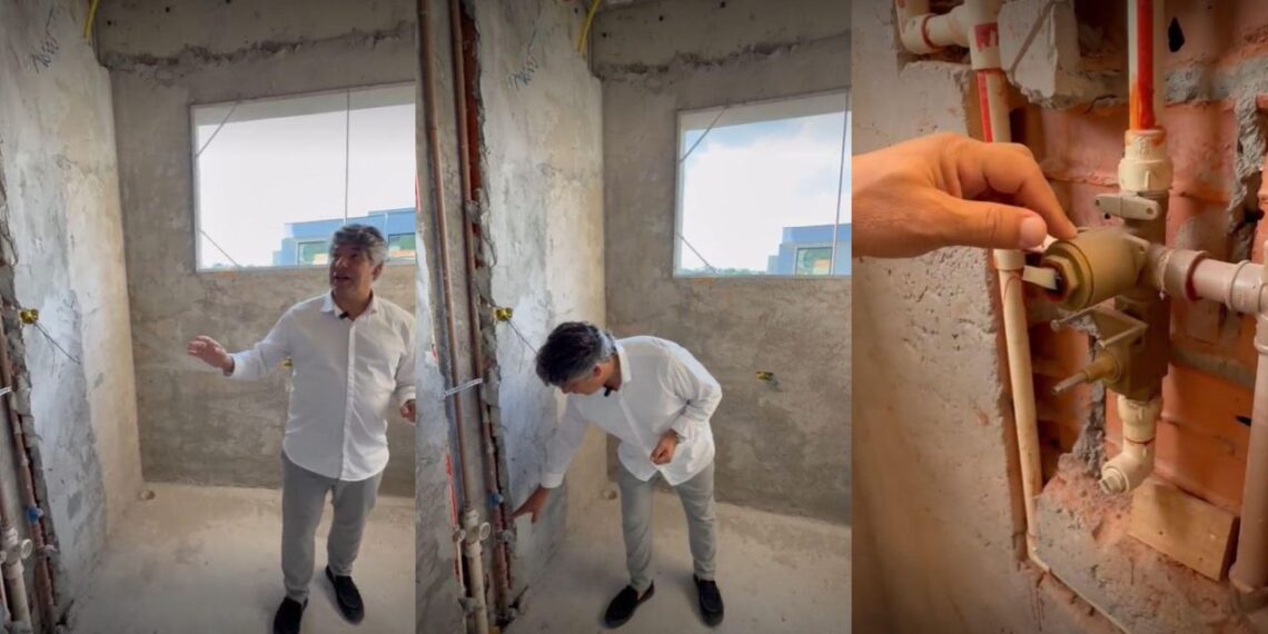 Em vistoria de obra, o arquiteto Alexandre Pasquotto avalia toda a execução da hidráulica antes do fechamento das paredes do banheiro | Projeto: Meneghisso Pasquotto Arquitetura | Fotos: divulgação