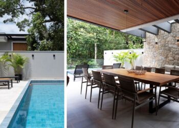 Piscina e varanda gourmet se tornam o ponto de encontro perfeito para os momentos de festa e de diversão / Projeto de Moana Arquitetura e fotos de Emerson Rodrigues – Divulgação Yamamura