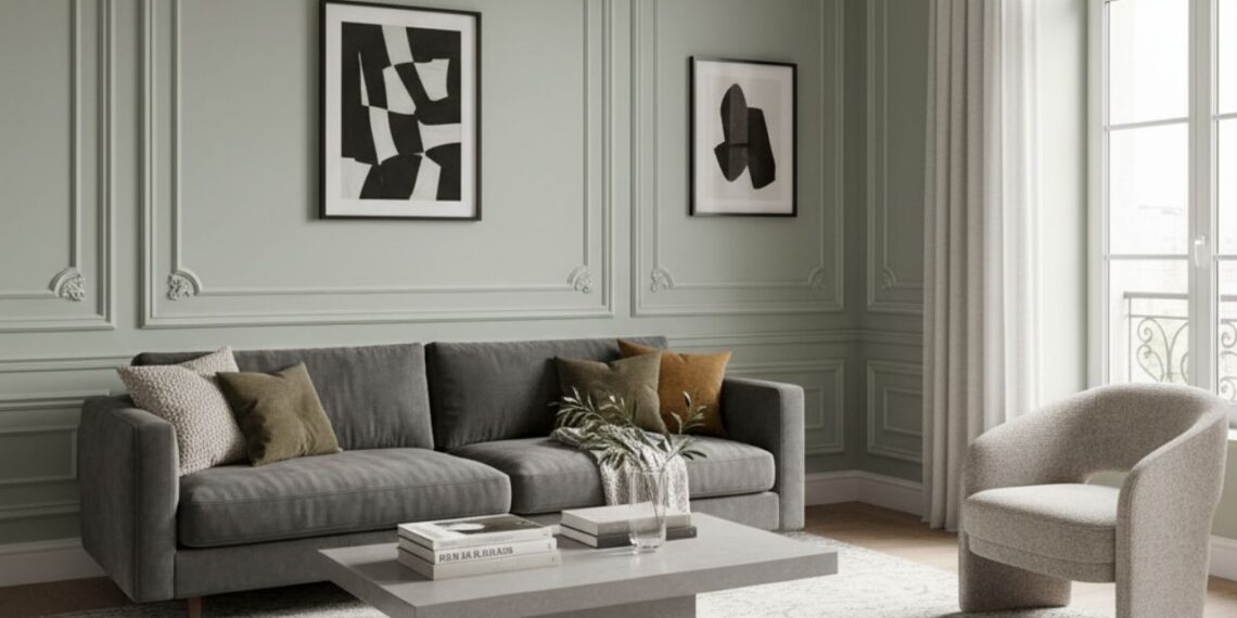 Sala de estar sofisticada com boiserie clássica nas paredes em tom verde acinzentado, sofá cinza com almofadas neutras, mesa de centro minimalista e poltrona clara; quadros abstratos em preto e branco decoram a parede, com iluminação natural entrando pela janela lateral.