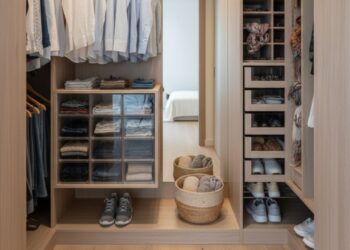 Closet pequeno planejado com armários em madeira clara, roupas organizadas em cabideiros superiores e inferiores, gavetas transparentes para peças dobradas, nichos para calçados e cestos organizadores no piso, aproveitando cada centímetro do espaço.