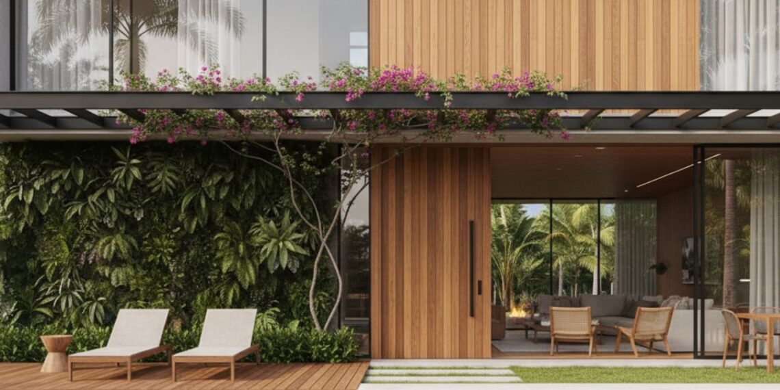 Fachada moderna integrada ao jardim, com painéis de madeira natural, grandes panos de vidro e pergolado com plantas, criando uma transição fluida entre arquitetura e paisagismo tropical.