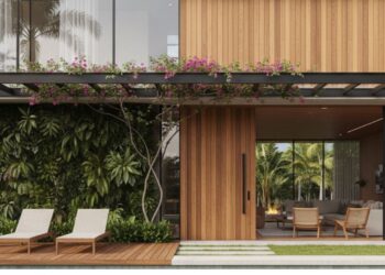 Fachada moderna integrada ao jardim, com painéis de madeira natural, grandes panos de vidro e pergolado com plantas, criando uma transição fluida entre arquitetura e paisagismo tropical.