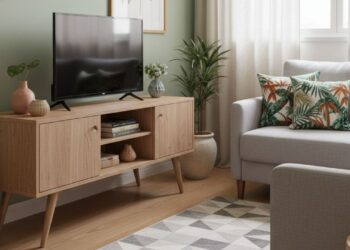 Rack pé palito em madeira clara com TV sobre o tampo, sofá bege, almofadas estampadas e plantas decorativas em sala iluminada.