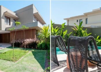 Jardim na entrada, a madeira aplicada no treliçado que faceia o primeiro nível a e estrutura em balanço compõem a fachada da residência assinada pelas arquitetas Vanessa Paiva e Claudia Passarini. No fundo, a área de lazer com piscina e o paisagismo que deixa os dias quentes muito mais aprazíveis para os moradores | Projeto Paiva e Passarini Arquitetura e Design | Fotos: Xavier Neto