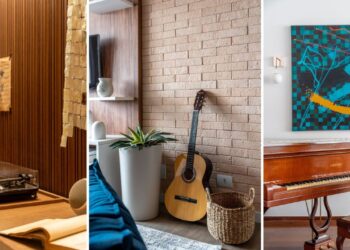 Seja de modo a integrar a arquitetura de interiores dos ambientes ou mesmo com a função de protagonizar, a arquitetura eleva a música como um elemento que diz muito sobre o projeto | Fotos: JP Image (à esquerda) e Julia Herman (centro e à direita)