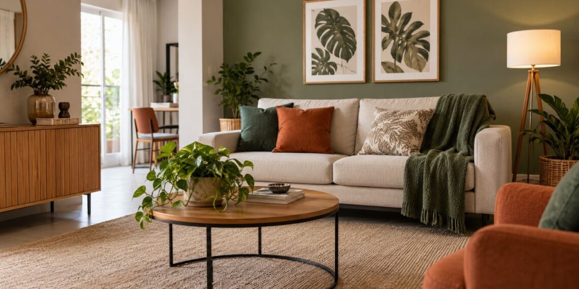 Sala decorada com parede verde e quadros de plantas