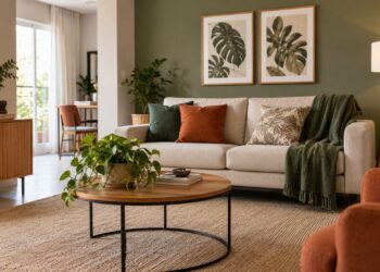 Sala decorada com parede verde e quadros de plantas