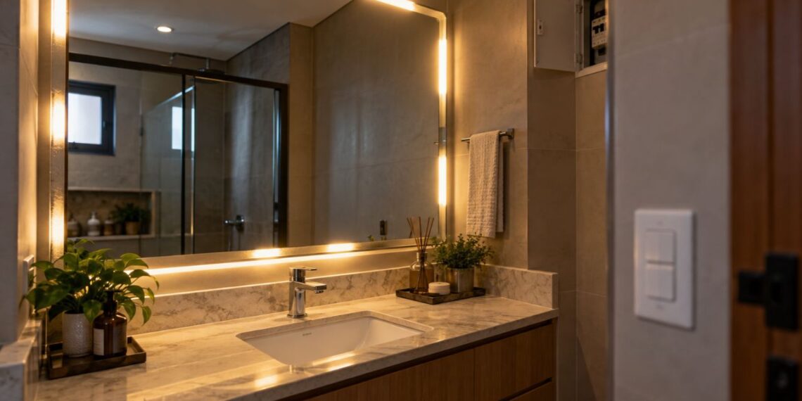 Banheiro decorado com espelho led