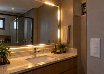 Banheiro decorado com espelho led