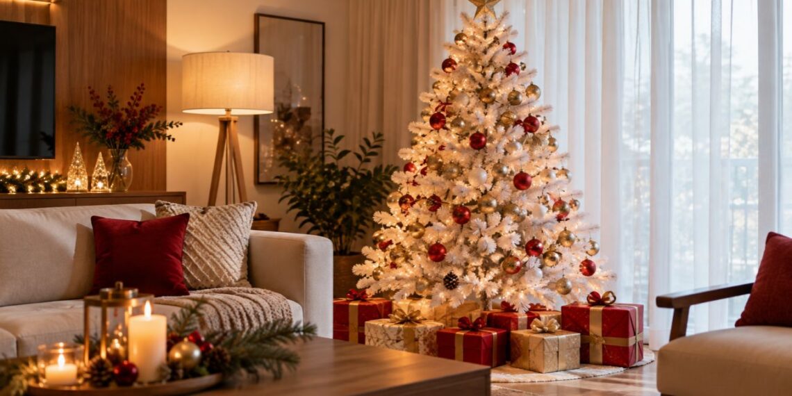 Árvore de Natal branca substitui a verde na sala e moradora descobre como manter o clima natalino sem perder aconchego