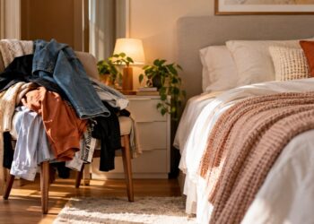 cama bagunçada e quarto bagunçado com roupas