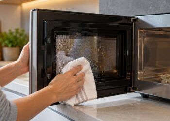 Adeus à porta do micro-ondas suja: vinagre e bicarbonato tiram as manchas sem produtos caros