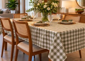 Toalha de mesa quadriculada ganha espaço na decoração e revela truque para ampliar visualmente a sala de jantar