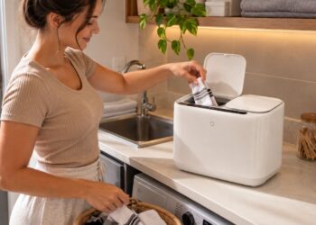 Mini máquina de lavar da Xiaomi cabe na bancada do banheiro e tem dois cestos para separar roupas brancas e coloridas